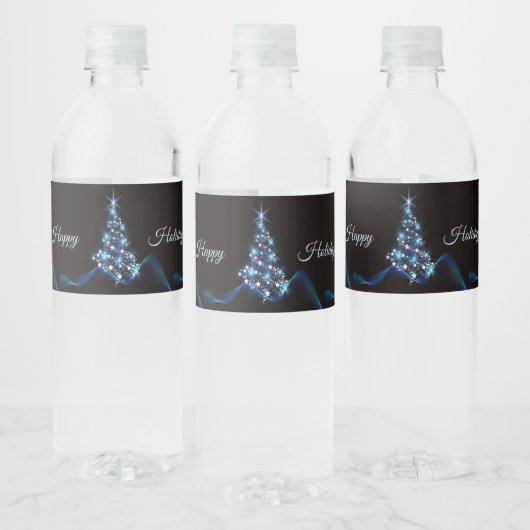 Christmas Party Blue Tree Shiny Black Elegant Waterfles Etiket (Flessen)