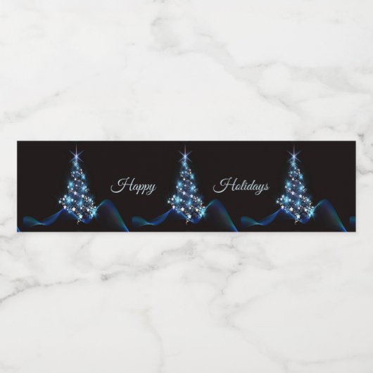 Christmas Party Blue Tree Shiny Black Elegant Waterfles Etiket (Enkel label)