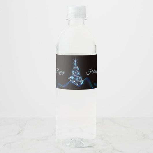 Christmas Party Blue Tree Shiny Black Elegant Waterfles Etiket (Voorkant)