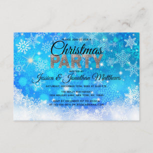 CHRISTMAS PARTY Blue White Snowflakes Snow Glitter Kaart