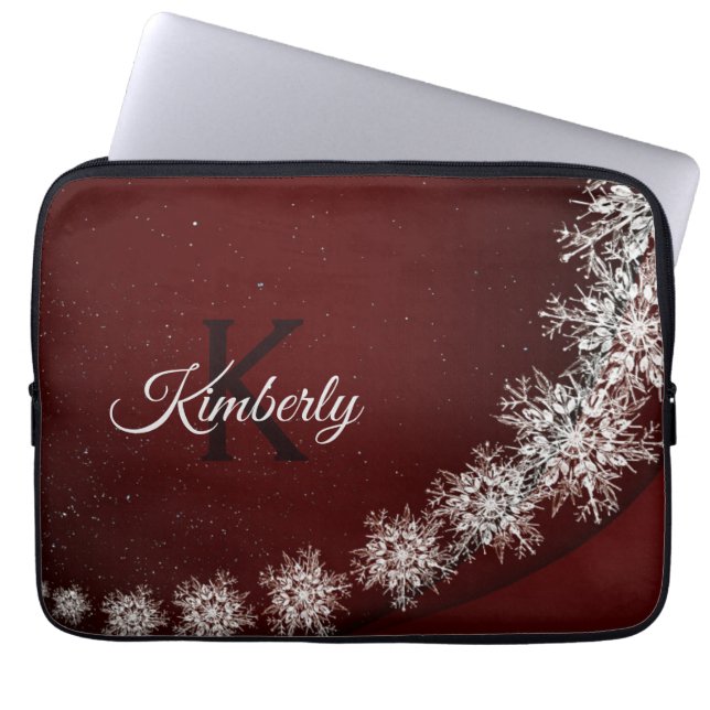 Christmas Party Crystal Snowflakes Red Rustic Laptop Sleeve (Voorkant)