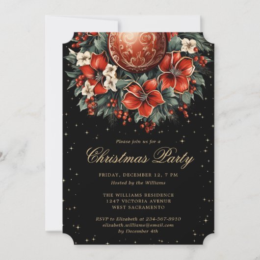 Christmas Party Elegant Black Gold Botanical Kaart (Voorkant)