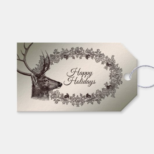 Christmas Party Floral Reindeer Golden Winter Cadeaulabel (Voorkant (Horizontaal))