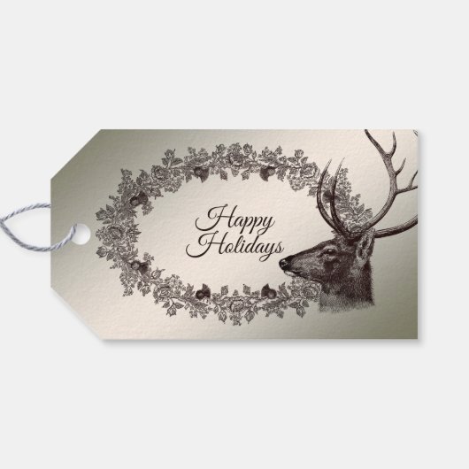 Christmas Party Floral Reindeer Golden Winter Cadeaulabel (Achterkant Horizontaal)