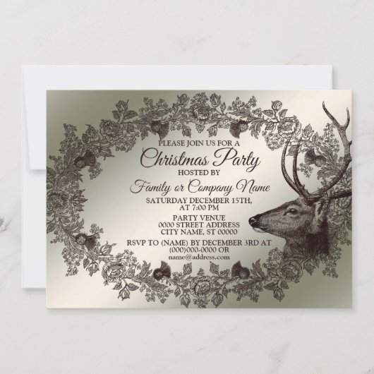 Christmas Party Floral Reindeer Golden Winter Kaart (Voorkant)