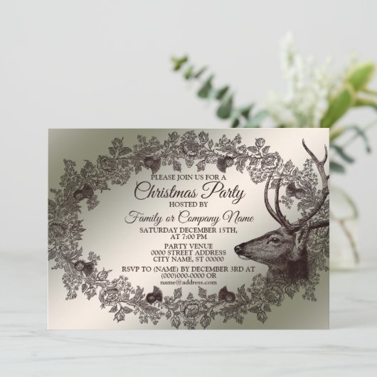 Christmas Party Floral Reindeer Golden Winter Kaart (Staand voorkant)