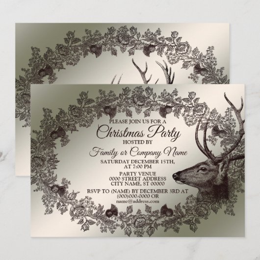 Christmas Party Floral Reindeer Golden Winter Kaart (Voorkant / Achterkant)