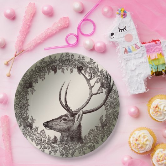 Christmas Party Floral Reindeer Golden Winter Papieren Bordje (Feest)