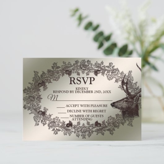 Christmas Party Floral Reindeer Golden Winter RSVP Kaartje (Staand voorkant)