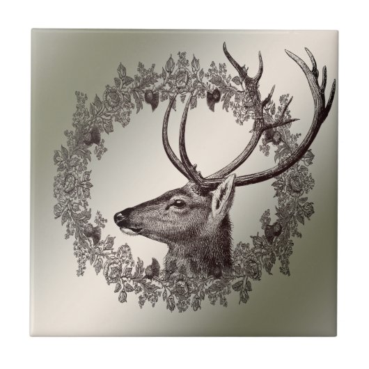 Christmas Party Floral Reindeer Golden Winter Tegeltje (Voorkant)