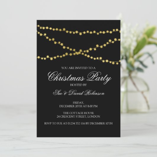 Christmas Party Gold Glowing String Lights Zwart Kaart (Staand voorkant)