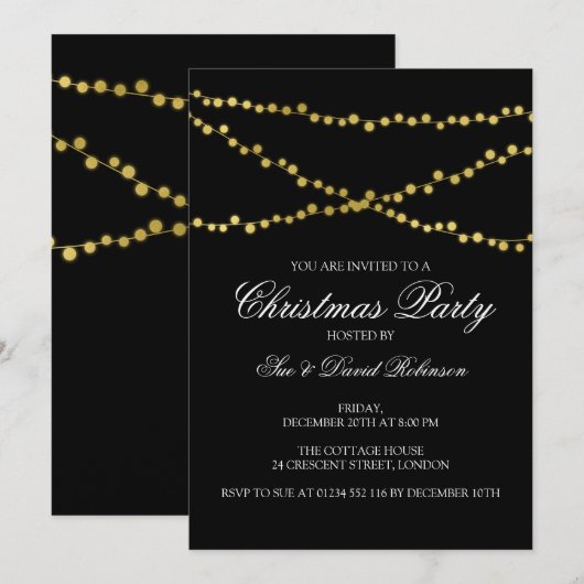 Christmas Party Gold Glowing String Lights Zwart Kaart (Voorkant / Achterkant)
