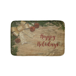 Christmas Party Golden Green Leaves Red Rustic Badmat