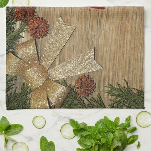 Christmas Party Golden Green Leaves Red Rustic Theedoek (Gevouwen)