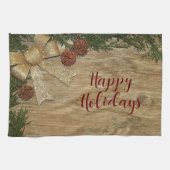 Christmas Party Golden Green Leaves Red Rustic Theedoek (Horizontaal)