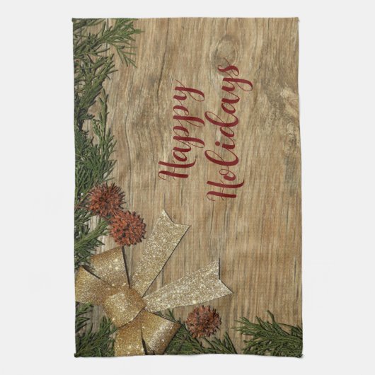 Christmas Party Golden Green Leaves Red Rustic Theedoek (Verticaal)