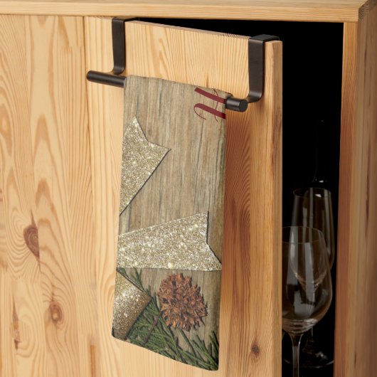 Christmas Party Golden Green Leaves Red Rustic Theedoek (Derde Gevouwen)