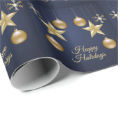 Christmas Party Golden Ornament Navy Blue Elegant Cadeaupapier (Rol Hoek)