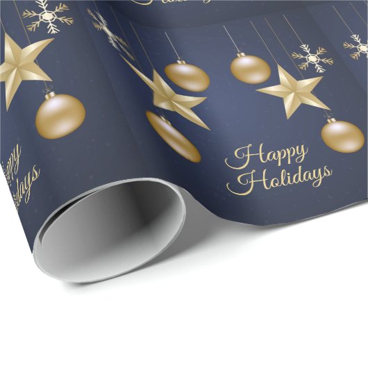 Christmas Party Golden Ornament Navy Blue Elegant Cadeaupapier (Rol Hoek)