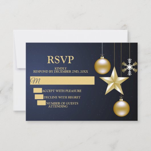 Christmas Party Golden Ornaments Navy Blue Elegant RSVP Kaartje (Voorkant)