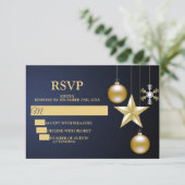 Christmas Party Golden Ornaments Navy Blue Elegant RSVP Kaartje (Staand voorkant)
