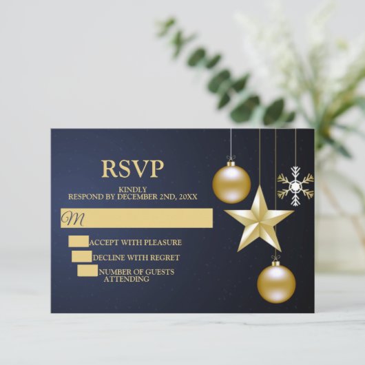 Christmas Party Golden Ornaments Navy Blue Elegant RSVP Kaartje (Staand voorkant)
