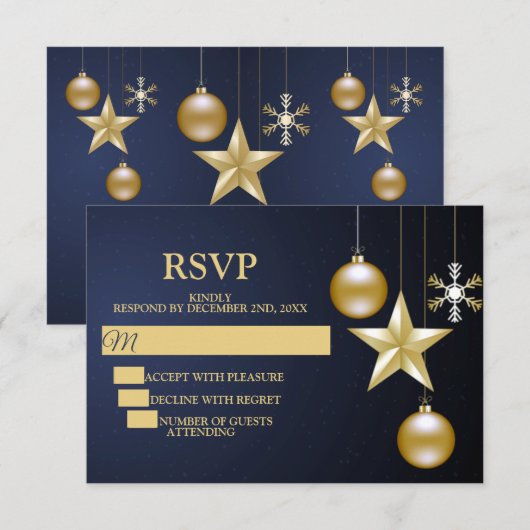 Christmas Party Golden Ornaments Navy Blue Elegant RSVP Kaartje (Voorkant / Achterkant)