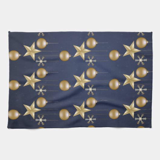 Christmas Party Golden Ornaments Navy Blue Elegant Theedoek (Horizontaal)