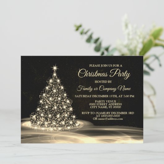 Christmas Party Golden Shiny Tree Winter Black Kaart (Staand voorkant)