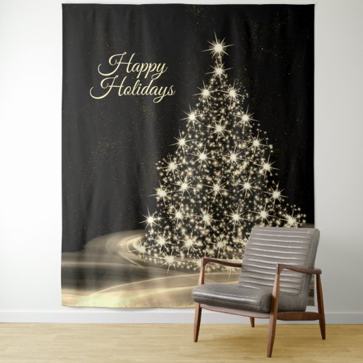 Christmas Party Golden Shiny Tree Winter Black Wandkleed (In situ)