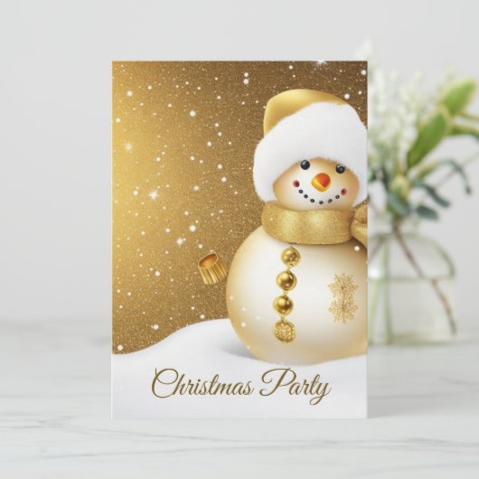 Christmas Party Golden Snowman Snowflakes Holidays Kaart (Staand voorkant)