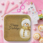 Christmas Party Golden Snowman Snowflakes Holidays Papieren Bordje (Feest)