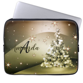 Christmas Party Golden Tree Monogram Sparkle Stars Laptop Sleeve