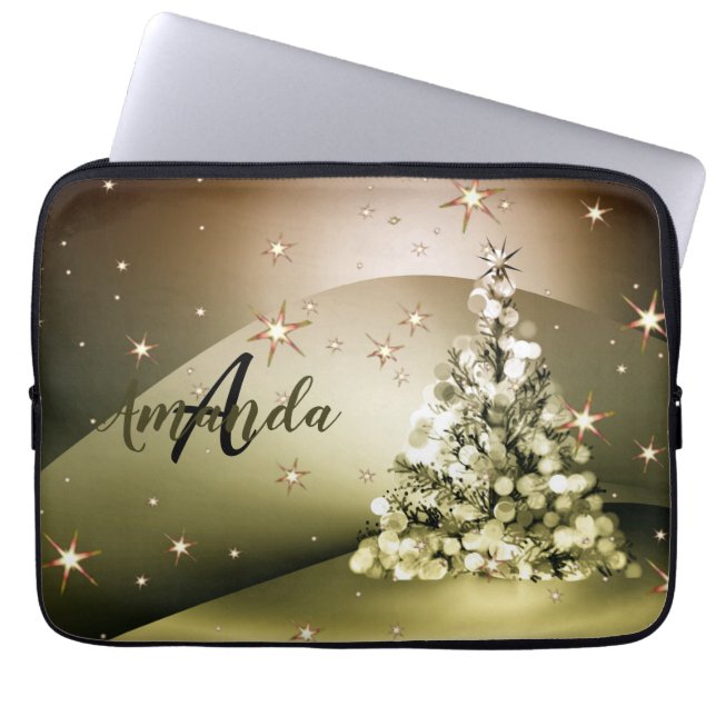Christmas Party Golden Tree Monogram Sparkle Stars Laptop Sleeve (Voorkant)