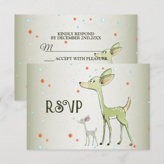 Christmas Party Green Deers Holidays Cute RSVP Kaartje (Voorkant / Achterkant)