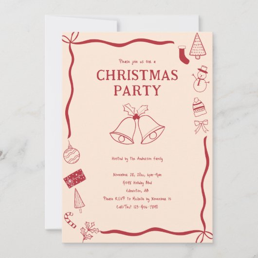 Christmas Party Hand Drawn Holiday Red Coquette Kaart (Voorkant)