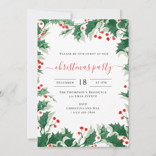 Christmas Party Holiday Watercolor Holly Berries Kaart (Voorkant)