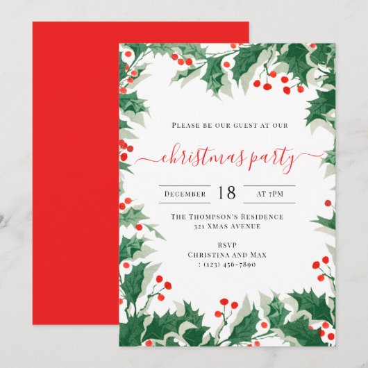 Christmas Party Holiday Watercolor Holly Berries Kaart (Voorkant / Achterkant)