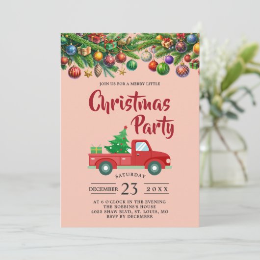 Christmas Party Invitation Kaart: Red Truck Design Kaart (Staand voorkant)