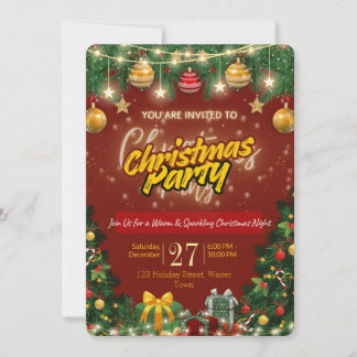 Christmas Party Invitation | Red & Gold Holiday Kaart