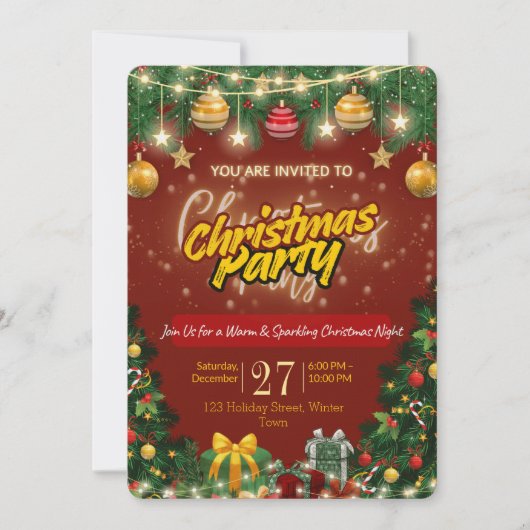 Christmas Party Invitation | Red & Gold Holiday  Kaart (Voorkant)