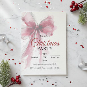 Christmas Party Invitation Watercolor Red Bow Kaart