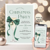 Christmas Party Invitation with Green Bow Kaart