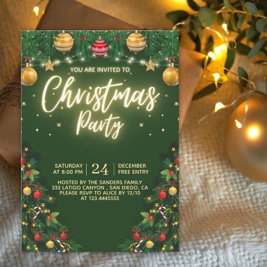 Christmas Party Invitation with Shining Yellow Kaart