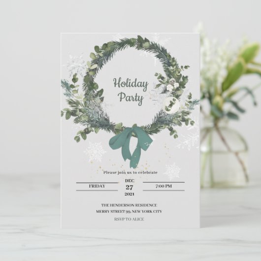 Christmas Party Invitation Wreath Snowflakes Kaart (Staand voorkant)