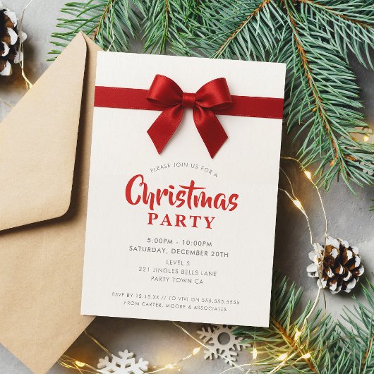 CHRISTMAS PARTY modern elegant red ribbon bow Feestdagenkaart
