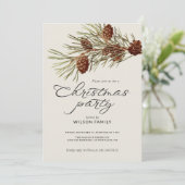 Christmas Party Pine Branch Modern Script Holiday Kaart (Staand voorkant)