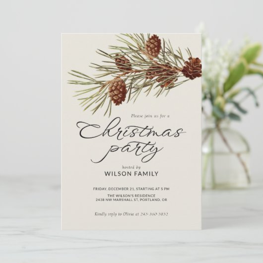 Christmas Party Pine Branch Modern Script Holiday Kaart (Staand voorkant)