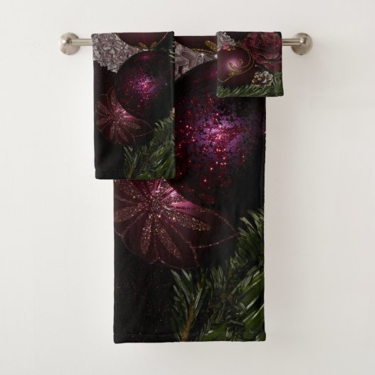 Christmas Party Pink Ornament Green Leaves Black Bad Handdoek (Insitu)