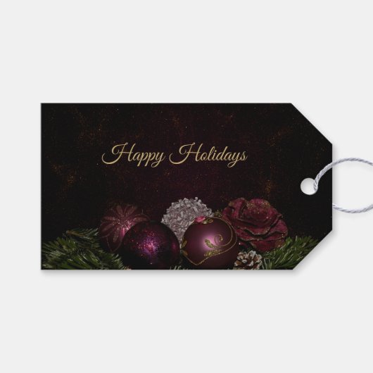 Christmas Party Pink Ornament Green Leaves Black Cadeaulabel (Voorkant (Horizontaal))